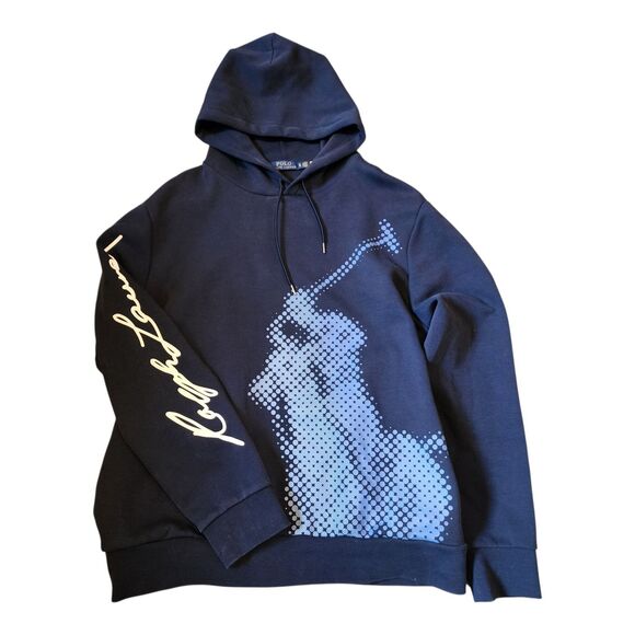 Polo Ralph Lauren Hoodie Sweatshirt Big Pony Dot War Print Mens Size XL Blue - Picture 1 of 7